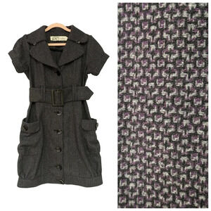 CLEARANCE//Button Wool  Blend Puff Sleeve Belted Y2K Dress
